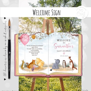 Cartello di benvenuto modificabile Classico Winnie the Pooh Libro aperto Baby Shower Girl Hundred Acre Wood Design 36x24 Modello n. 38 0001 HAW