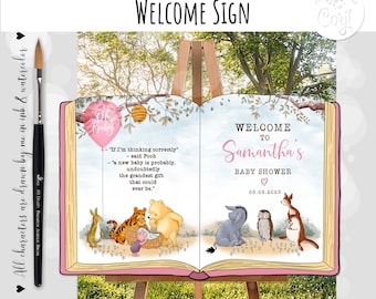 Editable Welcome sign Classic Winnie the Pooh Open Book Baby Shower Girl Hundred Acre Wood Design 36x24 Template #38 0001 HAW