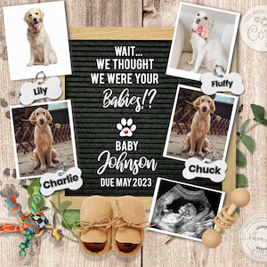 Anuncio de embarazo digital divertido y editable para redes sociales, tema "4 perros", anuncio personalizado en tablero de letras 0040