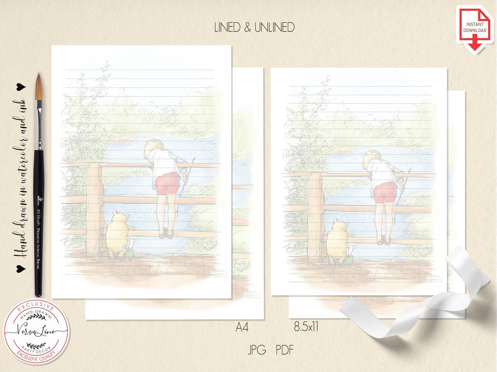 Classic Winnie the Pooh Printable Stationary Lined Unlined Paper ...