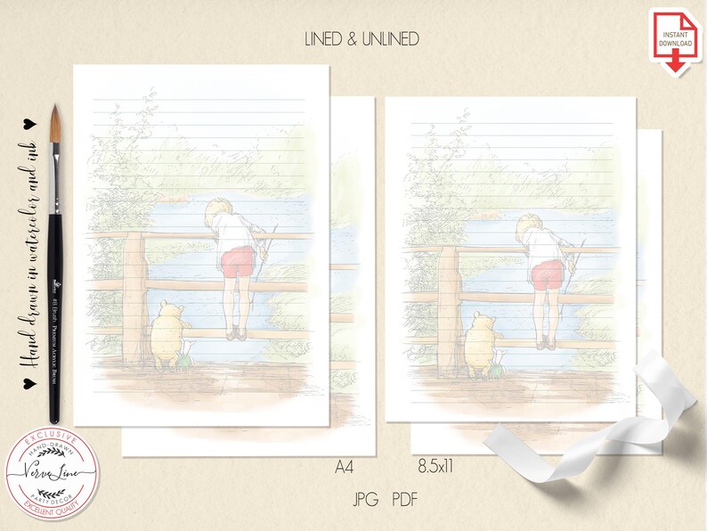 Classic Winnie the Pooh Printable Stationary Lined Unlined Paper ...