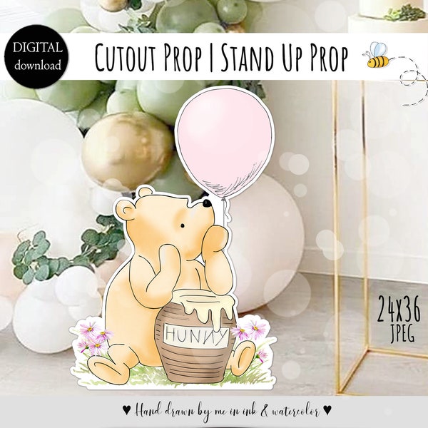 Cutout Decor Classic Winnie the Pooh with Pink Balloon Baby Shower | Birthday Party Cutout Prop | Stand Up Prop DIGITAL DOWNLOAD 0001