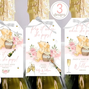 Pop It When She Pops Etichette per bottiglie Etichette per bottiglie di champagne modificabili a tema Baby Shower Winnie the Pooh 3 disegni di fiori rosa 0001.9