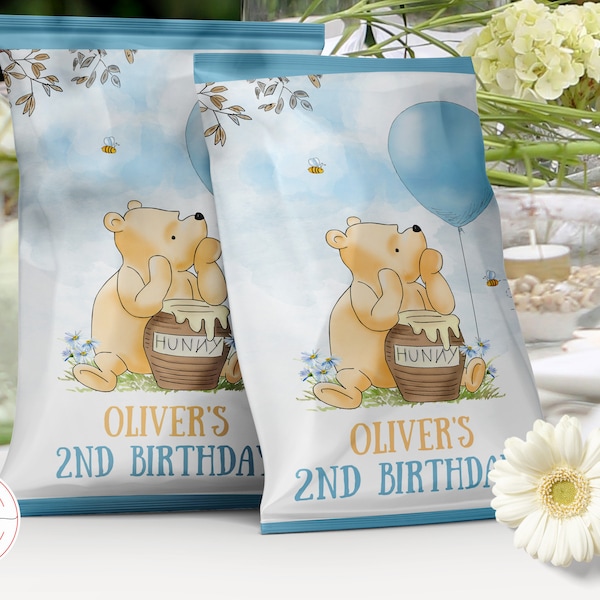 Editable Chip Bag for a Classic Winnie Pooh Birthday Boy | Decor Snack Wrapper Favors Digital Label Vintage Bear Blue Balloon | 0001.3
