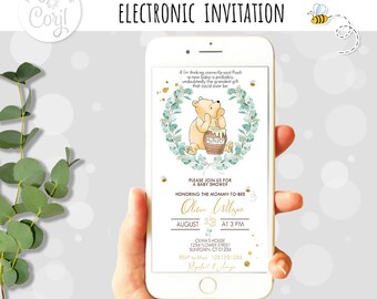 Editable Classic Winnie the Pooh Baby Shower Evite Electronic Invitation Eucalyptus Design Digital download Template Corjl 0001EB1