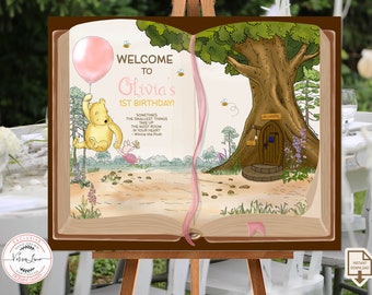 Panneau de bienvenue modifiable classique Winnie l'ourson à livre ouvert, fille d'anniversaire à tout âge, conception de ballon rose en bois de 100 acres, 0001 W2