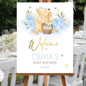 Editable Welcome Sign for a Classic Winnie the Pooh Themed Baby Shower or Birthday Party Boy | Blue Flower Design  DIGITAL DOWNLOAD 0001.10