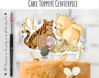 Cake Topper Classic Winnie the Pooh Baby Shower Oh Baby with Piglet in green  5x7" DIGITAL Download 0001