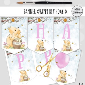 Happy Birthday Banner for a Themed Classic Winnie the Pooh Birthday Party for a Girl Hundred Acre Wood design DIY Digital 0001.4