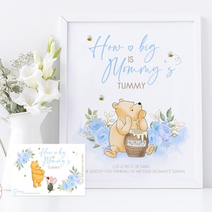 Qual é o tamanho da placa de jogo Mommy's Tummy Table para um chá de bebê clássico do Ursinho Pooh com cartões | Design de flores azuis | 0001.10