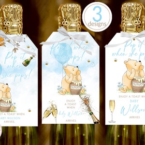 Pop It When She Pops Etichette per bottiglie Winnie the Pooh Baby Shower a tema modificabile Bomboniera Bottiglia Champagne 3 etichette Palloncino blu e fiori 0001.7
