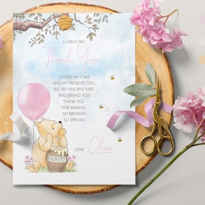 Editable Thank You Card Classic Winnie the Pooh Birthday Girl ANY AGE Hundred Acre Wood Pink Design 0001.4
