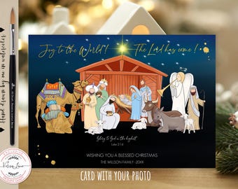 Editable Nativity Scene Christmas Card with your Photo Joy to the World Photo overlay Editable Holiday Card Bible verse Gold splash 0023