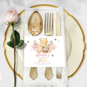 Bearbeitbarer klassischer Winnie The Pooh Serviettenring Etiketten Babyparty, Pooh Bär Rosa Blumen Rosen Design Instant Download 0001.9