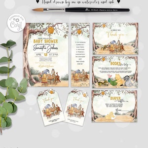 Set modificabile classico Winnie the Pooh Baby Shower Bundle #5: invito, biglietto di ringraziamento, lotteria dei pannolini, richiesta di libri, segnalibro 0001HAW