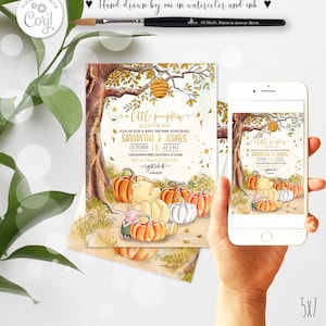 Editable Classic Winnie the Pooh  Baby Shower Invitation Autumn Hundred Acre Wood Design A Little Pumpkin is on the Way Printable 0001.11
