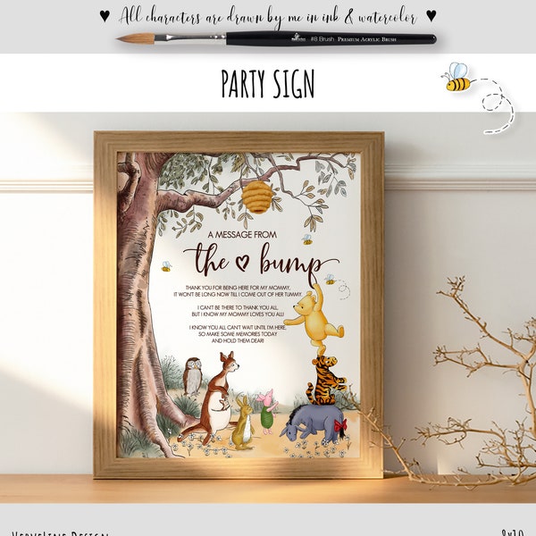 Message from the Bump Table Sign in a Classic Winnie the Pooh style | Baby Shower Party, 8x10", Hundred Acre Wood Design | 0001 HAW