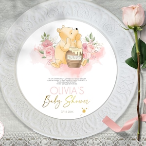 Bearbeitbare klassische Winnie Puuh Baby Shower Ladeplatte Einsatz Sofortiger download Dekor Hand rosa Blumen Design-0001.9 gezeichnet