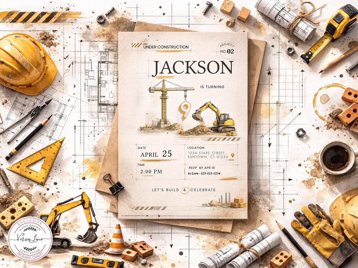 Editable Modern Construction Birthday Invitation | Under Construction ...