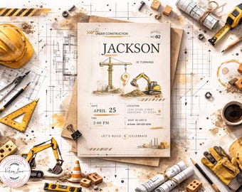 Editable Modern Construction Birthday Invitation | Under Construction Blueprint Party Any Age 1 to 9 | Corjl | Digital Download 0029