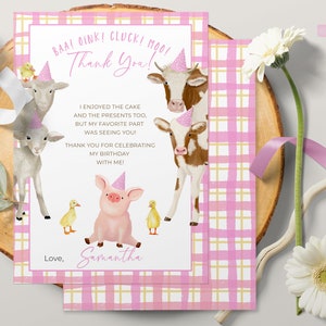 Carte de remerciement modifiable ferme anniversaire fille animaux de la ferme d'été basse-cour rose aquarelle en téléchargement numérique 0032