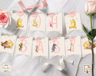 Banner editable "OH BABY" Niña Cualquier texto Vintage Winnie the Pooh Baby Shower Pooh Globo Rosa Guirnalda Decoraciones Diseño Dulce 0001S