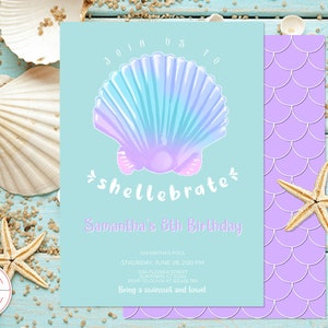 Invitación editable Concha de almeja Concha de almeja Fiesta de cumpleaños Niña CUALQUIER EDAD Sirena Concha Púrpura Menta Bajo el mar Diseño dibujado a mano 0026