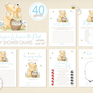 40 spellen voor een klassieke Winnie de Pooh-babyshowerbundel | Afdrukbare kaart Pooh vintage beer blauwe wilde bloemen bewerkbare digitaal | 0001.7