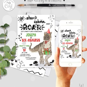 May include: A birthday invitation with a dinosaur theme. The invitation features a gray dinosaur wearing a party hat and holding a gift. Text includes "Stomp, Chomp, Roar" and "Joseph is Six-Asaurus". A smartphone displays the same design.