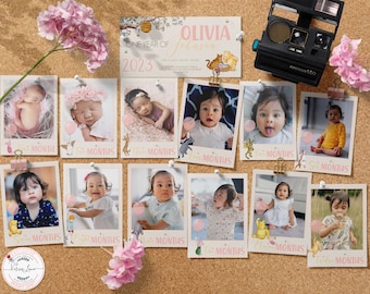 Bearbeitbares FOTO Banner für den ersten Geburtstag eines Mädchens | 12 Monatsbilder | Klassische Winnie Puuh Party Mein Erstes Jahr Süßes Design 0001S BG2