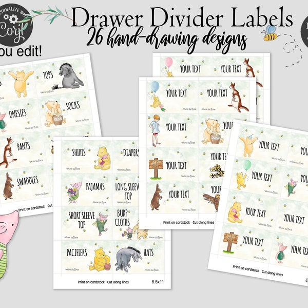 Editable Drawer Divider Labels with 26 hand-drawing Classic Characters, Organization for baby Boy, Girl, Nursery Decor,Baby Shower Gift 0001