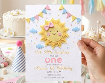 Invitation anniversaire fille soleil, petite fête d'été soleil, tout âge, modèle modifiable, style appliqué en feutre, impression numérique 0044.3