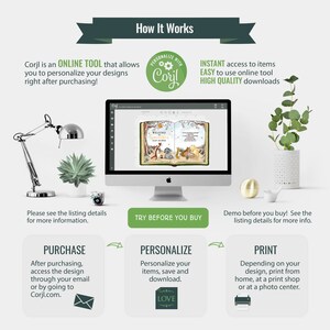 Op de afbeelding: Een grafiek die laat zien hoe je Corjl kunt gebruiken, een online tool om ontwerpen te personaliseren. De grafiek toont een computerscherm met een ontwerp erop en drie stappen: Kopen, Personaliseren en Afdrukken. De grafiek bevat ook de tekst "PERSONALISEER MET Corjl" en "DIRECTE toegang tot items GEMAKKELIJK te gebruiken online tool HOGE KWALITEIT downloads".