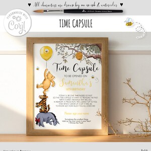 Cápsula de tempo editável clássica do Winnie the Pooh, primeiro aniversário, gênero neutro, cem acres, colmeia de madeira, design amarelo, faça você mesmo, digital 0001 POR QUE