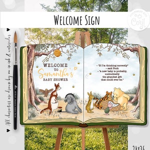 Cartello di benvenuto modificabile Classico Winnie the Pooh Libro aperto Baby Shower Bambino Bambina Hundred Acre Wood Design 36x24 Modello n. 32 0001 HAW