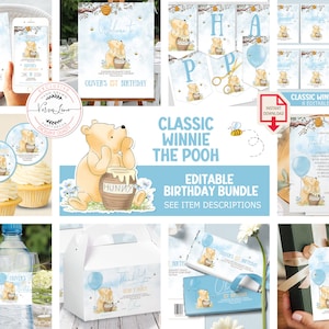 Conjunto de aniversariante clássico Ursinho Pooh, suprimentos para festa: convite, decoração, placas e muito mais, design de balão azul de madeira de cem acres 0001.3