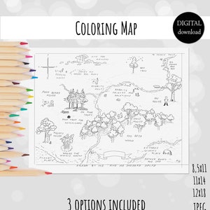 May include: A black and white coloring page map of the Hundred Acre Wood from Winnie the Pooh. The map includes locations like Pooh Bear's house, Piglet's house, Rabbit's house, Owl's house, Eeyore's Gloomy Place, and the 100 Aker Wood. The map is labeled "Drawn by Me and Mr. Shepard Helped".