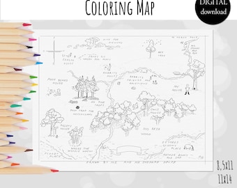 Coloring Map Hundred Acre Wood Classic Winnie the Pooh Baby Shower | Birthday Party decor  DIGITAL Download 0001 BB BG