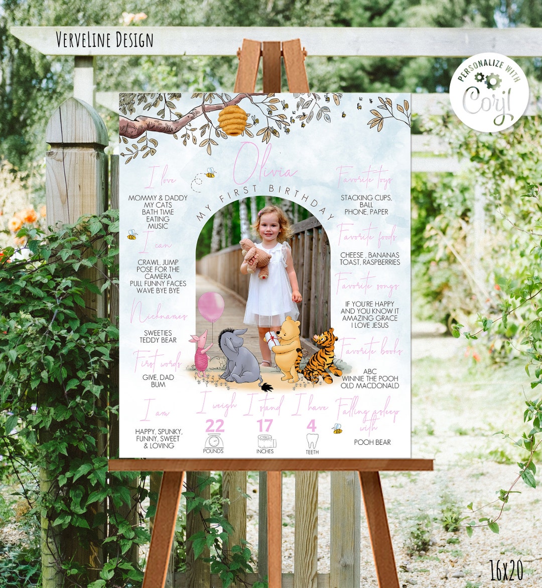 Editable Milestone Board Classic Winnie the Pooh 1st Birthday Girl ...