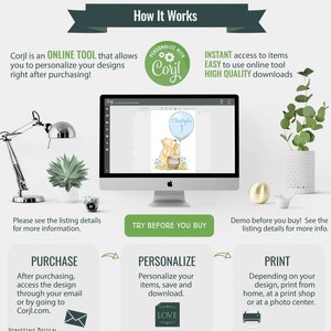 May include: How to personalize and print digital designs using Corjl. A computer screen shows a Winnie the Pooh themed design with the text "Christopher 1". The steps are: Purchase, Personalize, and Print.