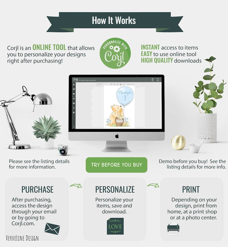 May include: How to personalize and print digital designs using Corjl. A computer screen shows a Winnie the Pooh themed design with the text "Christopher 1". The steps are: Purchase, Personalize, and Print.