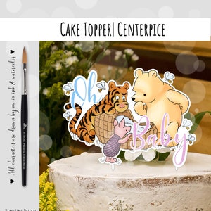 Cake Topper Classic Winnie the Pooh Baby Shower &quot;Oh Baby&quot; Blue & Pink  letters with Piglet in pink 5x7&quot; DIGITAL Download 0001