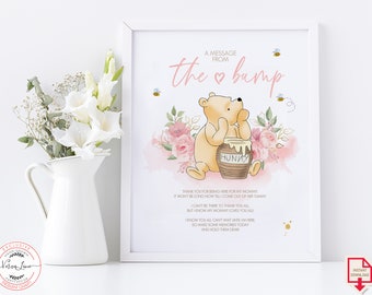 Message from the Bump Table Sign in a Classic Winnie the Pooh style | Baby Shower Party, 8x10" Pink Flowers Design | 0001.9