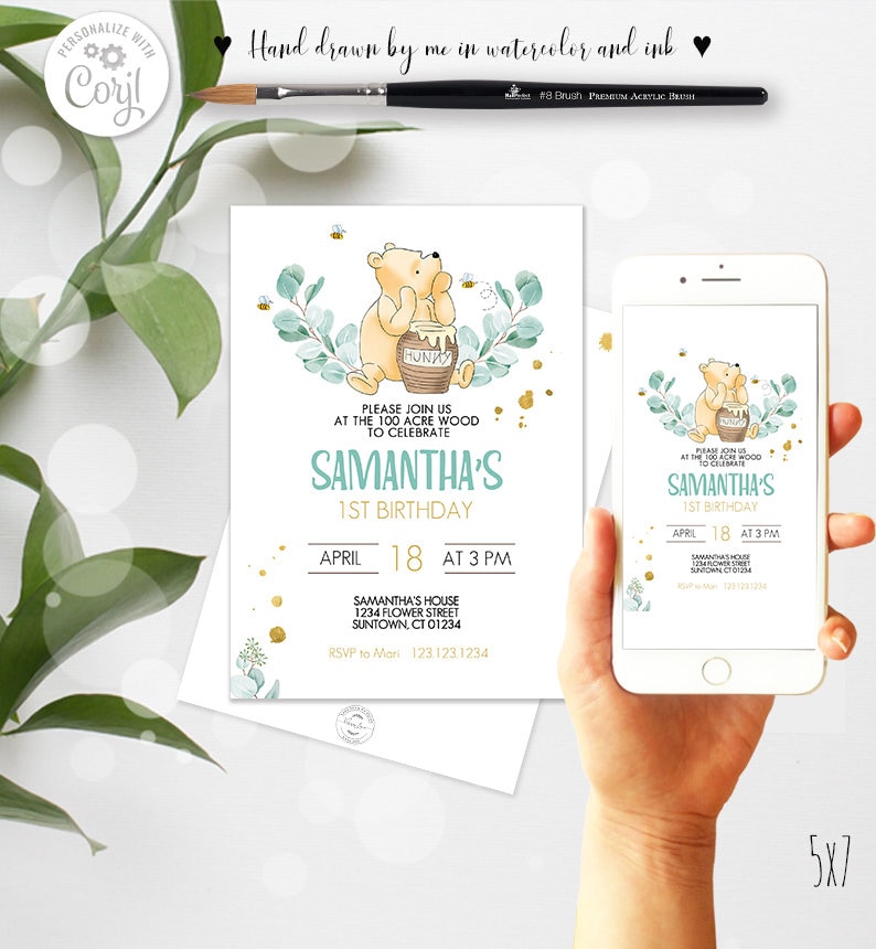 Editable Classic Winnie the Pooh Birthday Boy Girl Gender Neutral Invitation Any Age Eucalyptus Branch Design Template Corjl