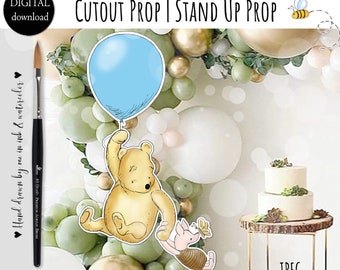 Cutout Decor Baby Shower Birthday Party Classic Vintage Winnie and Piglet with a Blue Balloon Cutout Prop|Stand Up Prop DIGITALDOWNLOAD 0001