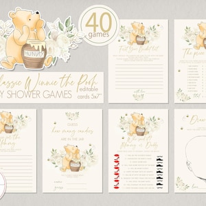40 jeux pour une fête de naissance classique Winnie l'ourson neutre | Carte imprimable classique vintage ours blanc fleurs modifiable 0001.18