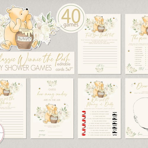 40 giochi per un classico baby shower a tema Winnie the Pooh / Biglietto stampabile con orsetto vintage e fiori bianchi, modificabile 0001.18
