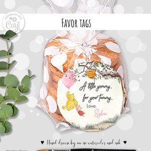 Editable Favor tags Winnie Pooh Birthday|Baby Shower Thank you Sticker Yummy for Your Tummy Pink balloon Vintage Sky Design 0001 HAW