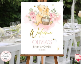 Cartel de bienvenida editable para baby shower o fiesta de cumpleaños de niña con temática clásica de Winnie the Pooh / Diseño de flores rosas DESCARGA DIGITAL 0001.9