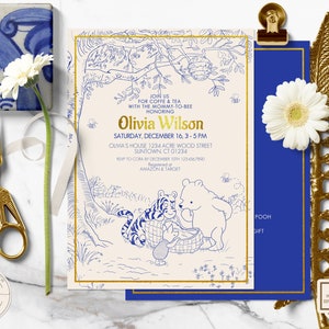 Baby Shower Invitation in a Classic Winnie the Pooh style | Azulejo Gold Toile de Jouy Style Design | Editable Download Printable 0001J
